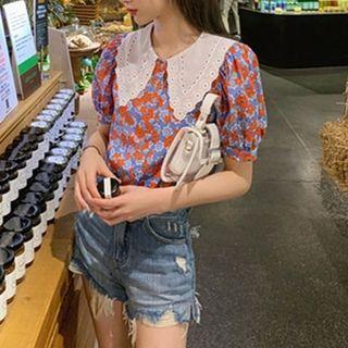 Puff-sleeve Eyelet Lace Collar Floral Print Blouse