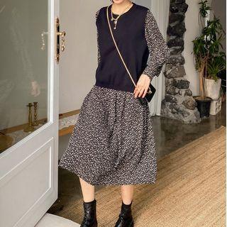 Set: Long-sleeve Floral Midi A-line Dress + Knit Top