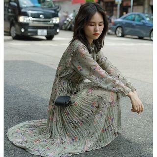 Long-sleeve Floral Midi Pleated Chiffon Dress