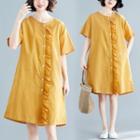 Short-sleeve Ruffle Trim Button Midi A-line Dress
