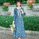 Floral Print Pintuck Long-sleeve A-line Midi Chiffon Dress