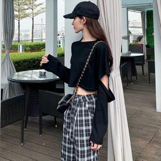Cutout Long Sleeve Cropped Top / Plaid Wide-leg Pants