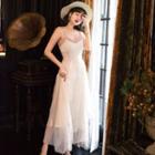 Set: Contrast Trim Spaghetti Strap Midi A-line Dress + Lace Up Blouse