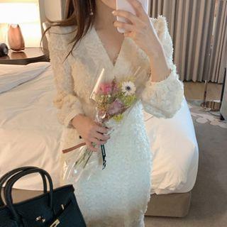 Long-sleeve Ruffle Hem Midi Sheath Dress Light Almond - One Size