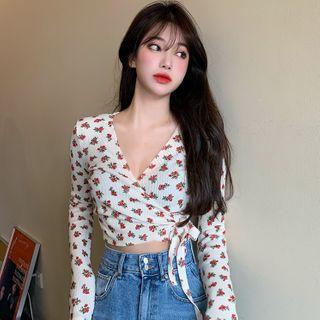 Long-sleeve Floral Print V-neck Waist-tie Crop Top White - One Size