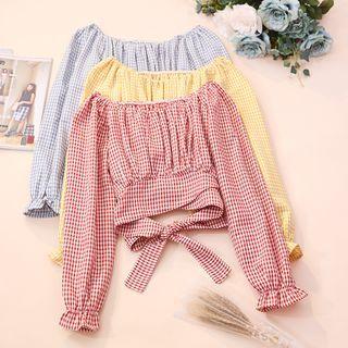 Gingham Bell-sleeve Cropped Blouse