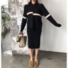 Color Block Knit Hoodie / Midi Fitted Skirt