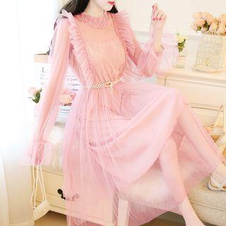Long-sleeve Mesh Ruffled Midi Dress