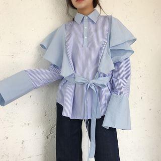 Striped Tie-waist Ruffle Shirt
