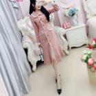 Collared Buttoned Long-sleeve Slit Midi Sheath Dress Pink - L