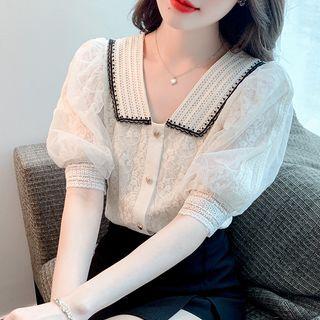 Short Sleeve Mesh Panel Lace Blouse