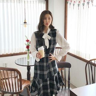 Inset Ruffle-hem Plaid Dress Tie-neck Blouse Black - One Size