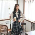 Inset Ruffle-hem Plaid Dress Tie-neck Blouse Black - One Size