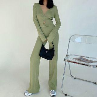 Set: Zip Cropped Cardigan + Straight Leg Pants