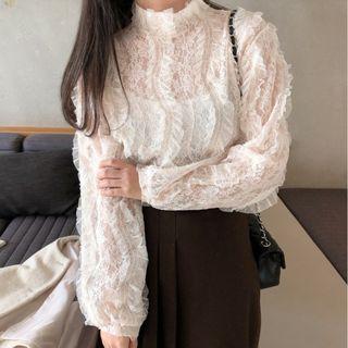 Mock Neck Lace Top Off-white - One Size