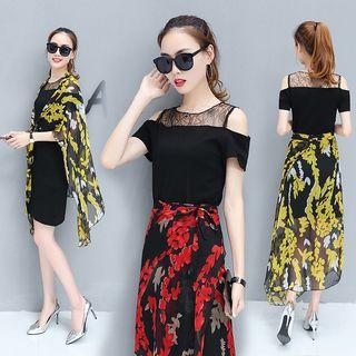 Set: Short-sleeve Cold Shoulder Dress + Print Wrapped Skirt