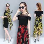 Set: Short-sleeve Cold Shoulder Dress + Print Wrapped Skirt
