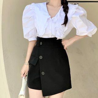 Peter Pan Collar Plain Blouse / Asymmetrical Skirt