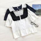 Color-block Peter-pan Collar Single-breasted Short-sleeve Top