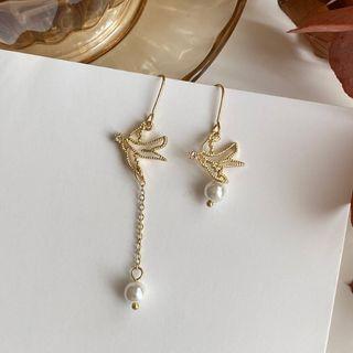 Swallow Faux Pearl Rhinestone Asymmetrical Dangle Earring