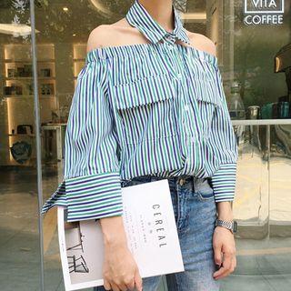 Striped Halter Off-shoulder Blouse