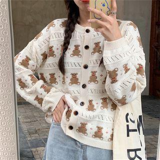Bear Print Knit Cardigan As Shown In Figure - One Size