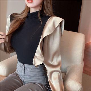 Long-sleeve Mock-neck Two-tone Blouse Black & Champagne - One Size