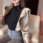 Long-sleeve Mock-neck Two-tone Blouse Black & Champagne - One Size