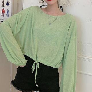 Plain Drawstring-hem Long-sleeve Cropped T-shirt