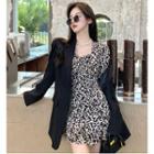 Plain Loose-fit Blazer / Long-sleeve Leopard Slim-fit Dress