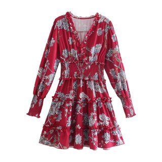 Long-sleeve V-neck Floral Print Tiered A-line Dress