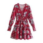 Long-sleeve V-neck Floral Print Tiered A-line Dress