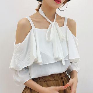 Elbow-sleeve Cold Shoulder Top With Sash