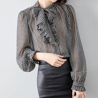 Tie-neck Gingham Chiffon Blouse