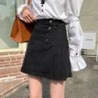 High-waist Pleated Denim A-line Skirt