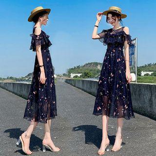 Butterfly Print Cold-shoulder A-line Midi Chiffon Dress