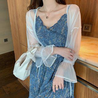Open-front Bell-sleeve Mesh Jacket White - One Size