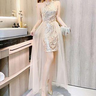 Sequin Halter-neck Mesh Panel Midi Dress