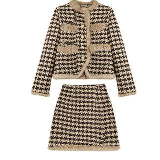 Set: Fluffy Houndstooth Jacket + Mini A-line Skirt