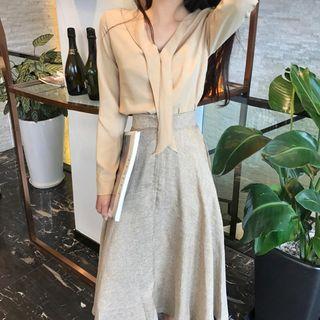 Set: Irregular Hem Long-sleeve Knit Top + Midi A-line Skirt