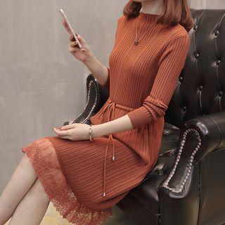 Long-sleeve Mock Neck Tie-waist Midi Knit Dress