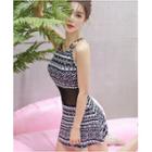 Mesh Panel Printed Halter Swimdress