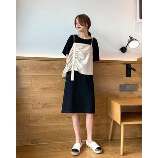 Set: Short-sleeve Crew-neck T-shirt Dress + Drawstring Camisole Top Black - One Size