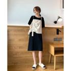 Set: Short-sleeve Crew-neck T-shirt Dress + Drawstring Camisole Top Black - One Size