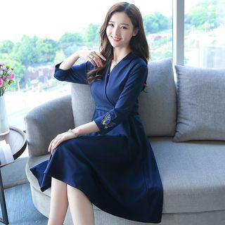 Butterfly Embroidered V-neck 3/4-sleeve A-line Midi Dress