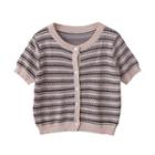 Short-sleeve Striped Button-up Knit Crop Top Almond - One Size