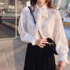 Long-sleeve Tie-neck Lace Top / Midi A-line Velvet Skirt