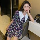 Balloon-sleeve Collared Floral Print A-line Dress
