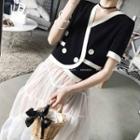 Set: Contrast Trim Short-sleeve Jacket + Shorts