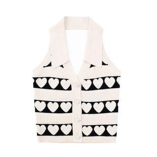 Halter-neck Polo-neck Heart Print Knit Top